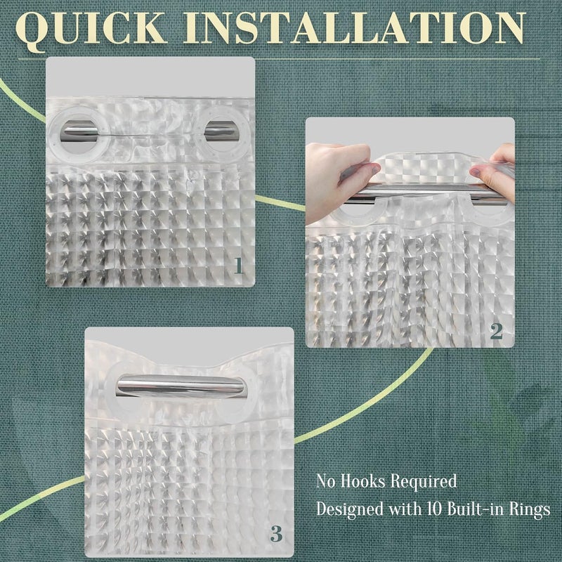 ABLUEN No Hook Shower Curtain or Liner - 8G Heavy Duty Grid Bathroom Shower Curtain No Hooks Required, Waterproof Plastic & PVC Free, Standard Size 71 x 74, Square - Image 2
